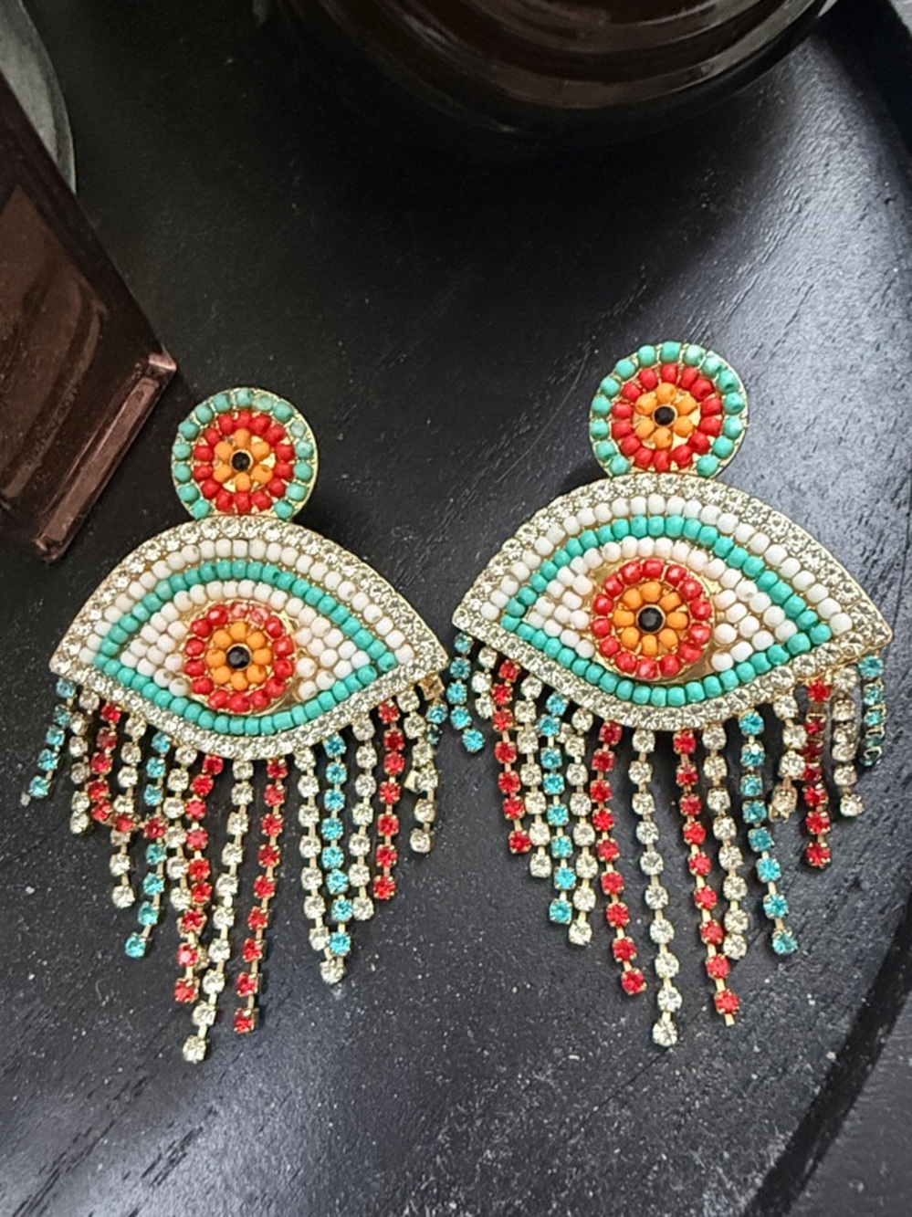 Bohemian Turquoise & Coral Beaded Fringe Statement Earrings